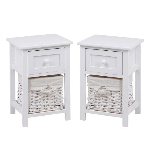Set of 2 Nightstand, Solid Wood Bedside Table with Drawer and Wicker Basket for Home, Living Room, Bedroom 31 x 28 x 45cm (White) Set of 2 Nightstand, Solid Wood Bedside Table with Drawer and Wicker Basket for Home, Living Room, Bedroom 31 x 28 x 45cm (White)